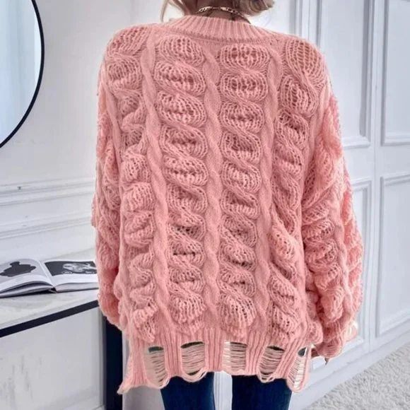 Chunky Knit Distressed Sweater Pink - Picture 3 of 6